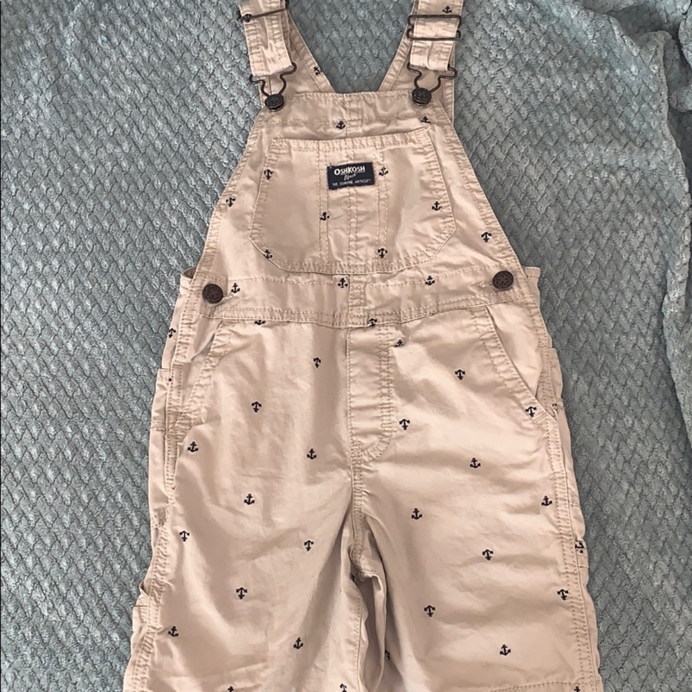 Khaki overalls with navy blue anchors